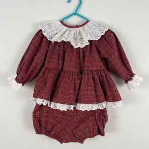 Vintage Elvira Vali Baby Girls Red Plaid Christmas Dress and Bloomers Set 12M